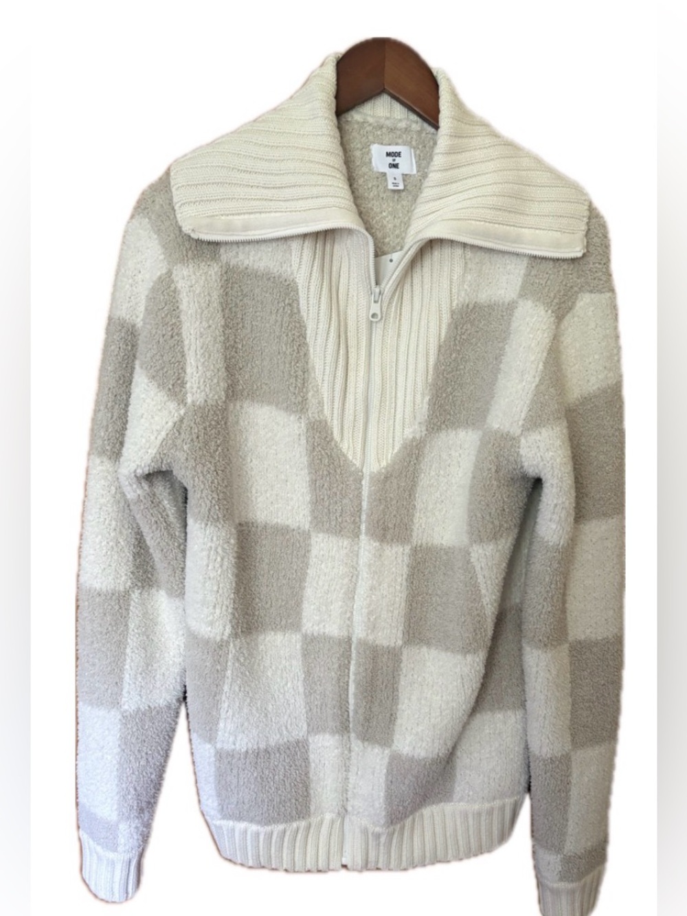 NWT Mode of One Cream Tan Check Fuzzy Full Zip Cardigan- Sm
